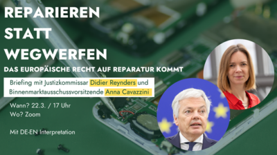 Reparieren statt Wegwerfen - Das Europäische Recht auf Reparatur kommt - Online-Vorstellung des Gesetzes mit EU-Kommissar Reynders @ Online