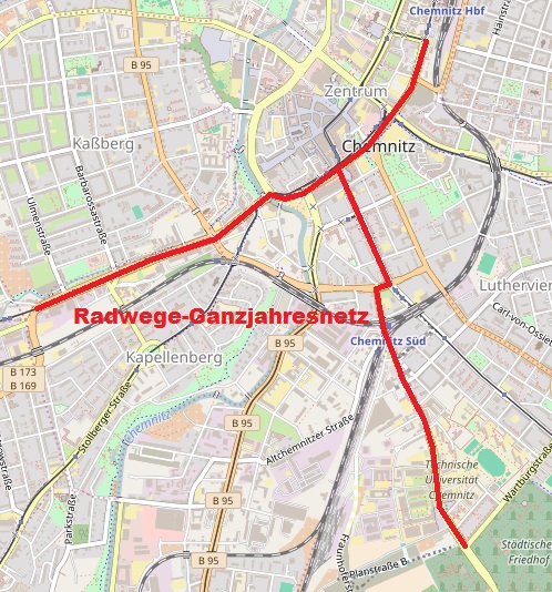 Radwege-Ganzjahresnetz. Quelle: Openstreetmaps.de